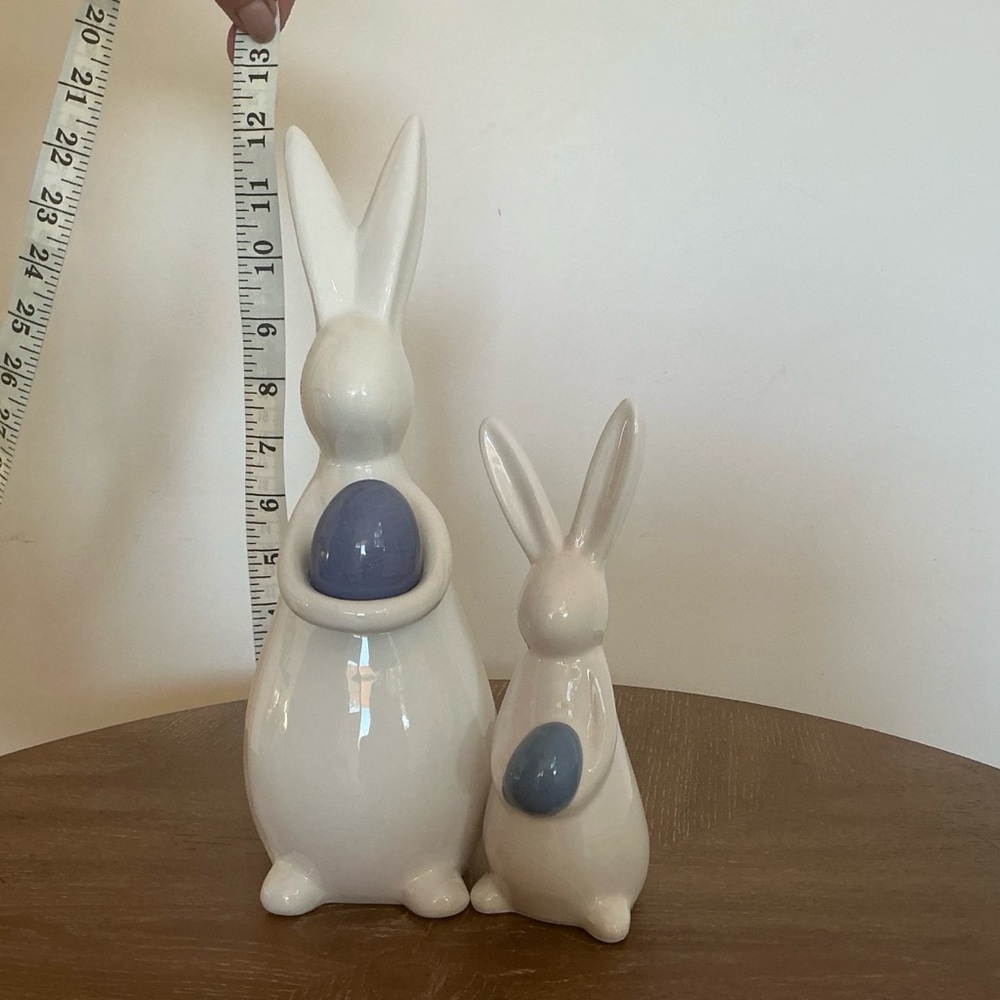 Ceramic Bunny Figurine Set with Blue Eggs | Easter Spring Decor - Picture 3 of 4